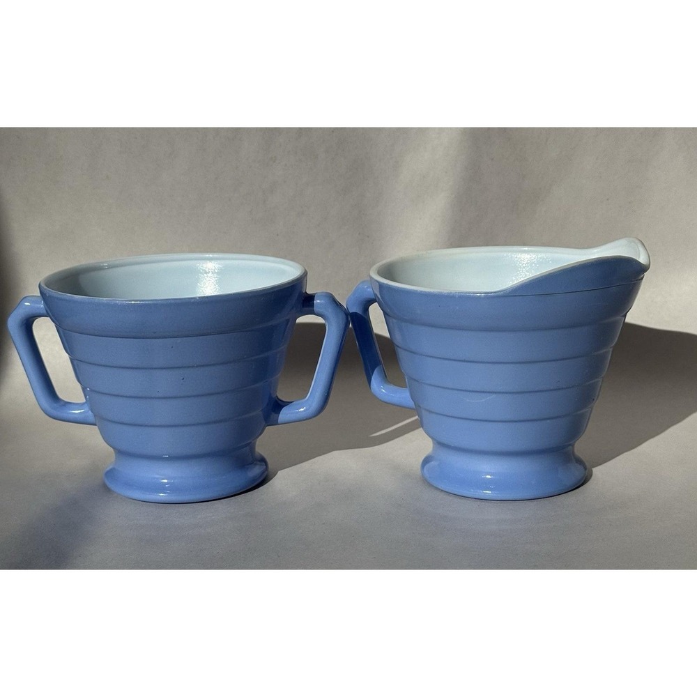 Hazel Atlas‎ Moderntone Pastel Blue Creamer & Sugar Bowl Platonite 1930-40 VTG